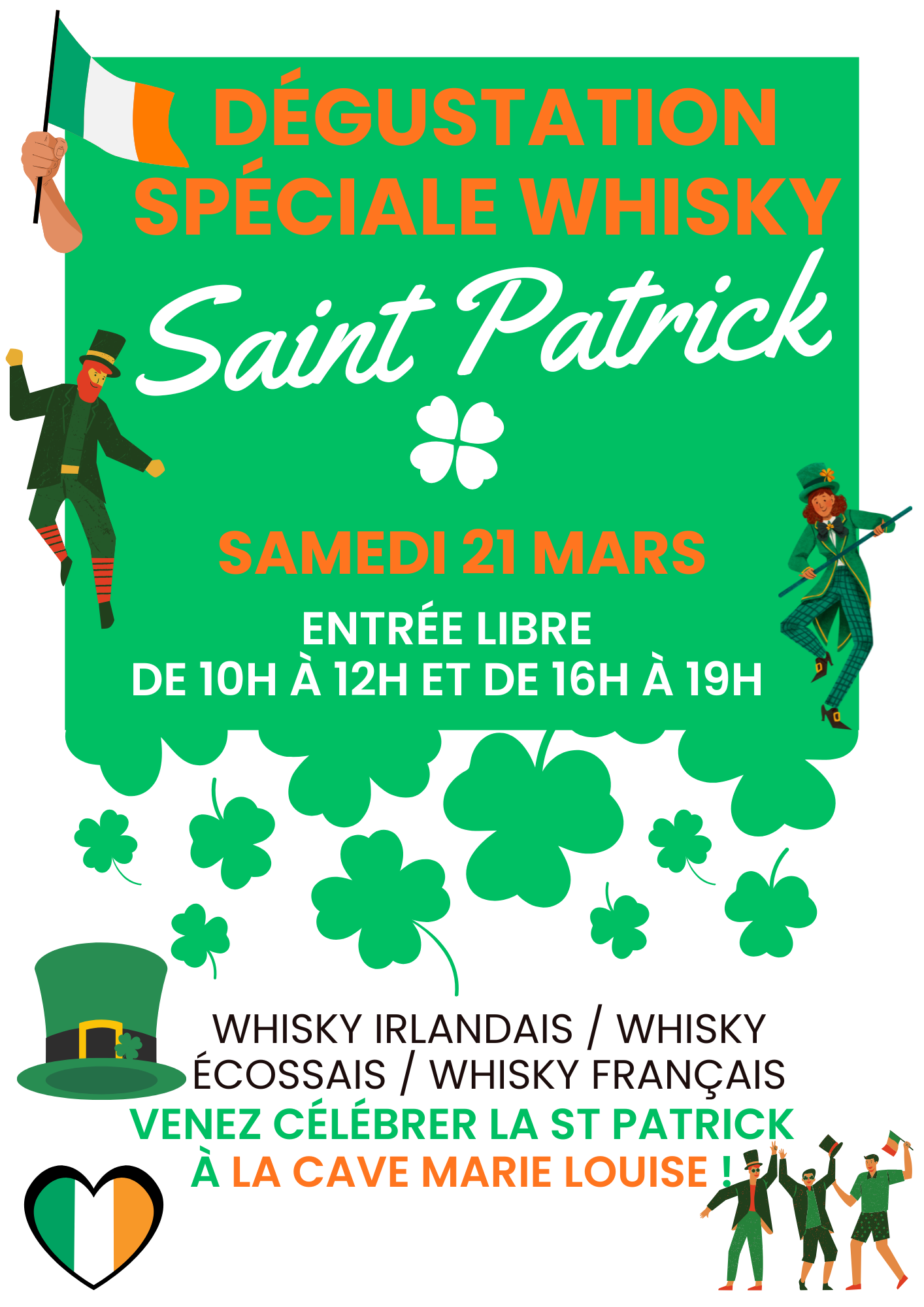 invitation affiche dégustation whiskys français, écossais, irlandais, pour célébrer la Saint-Patrick